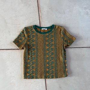 Zara Short-Sleeve Knit Tee - Green & Gold - Size S